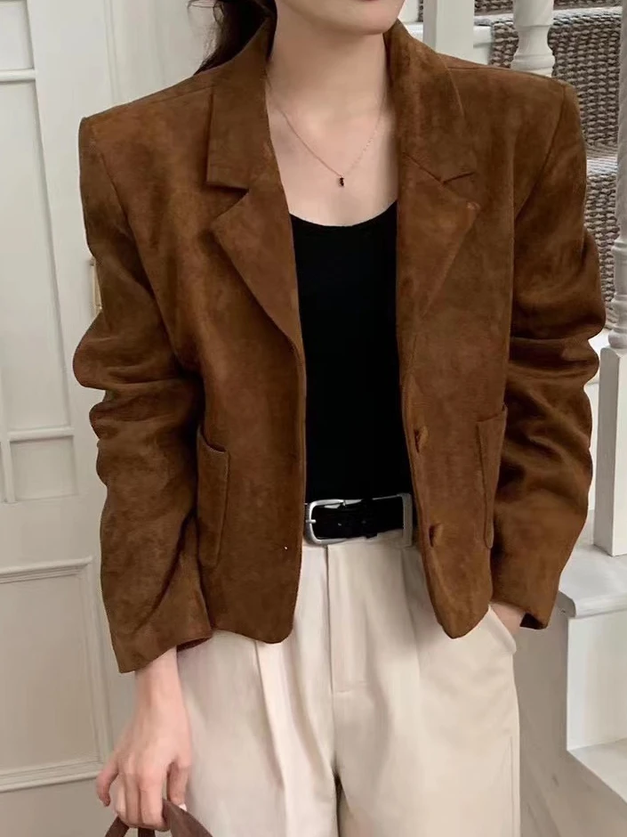 Retro ort Suit Jaet Women's Hong Kong Sle Chic Versatile Single Button Small Size Ele Top Trendy Commute Wear