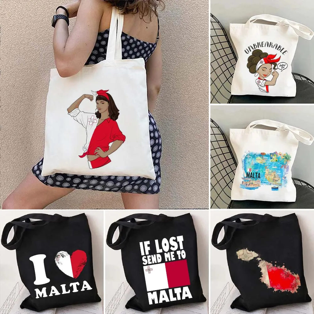 Vintage Valletta Malta Flag Map Saying Island Travel Maltese Girl Shopper Harajuku Canvas Totes Bag Cotton Eco Shopping Handbags