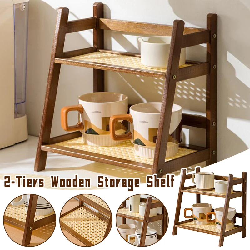 

Wooden 2-Tier Storage Shelf Multipurpose Desktop Organizer for Makeup Stationery Office Supplies Compact Display Rack