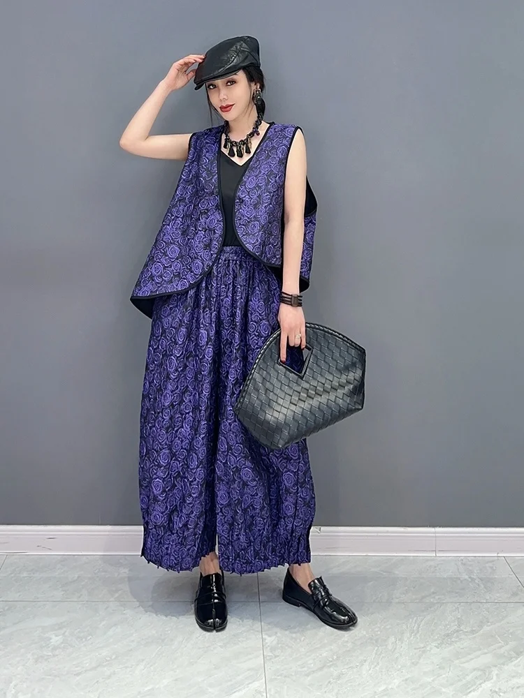 Vefadisa 2024 Summer New Chinese Style Sleeveless Vest Top Casual Long Two Piece Set Asymmetric Women Matching Suit Purple ZY368