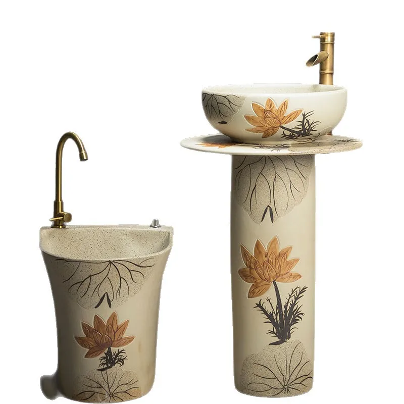 Column type washbasin ceramic outdoor washbasin, villa courtyard pool outdoor balcony floor-to-ceiling integrated pillar basin