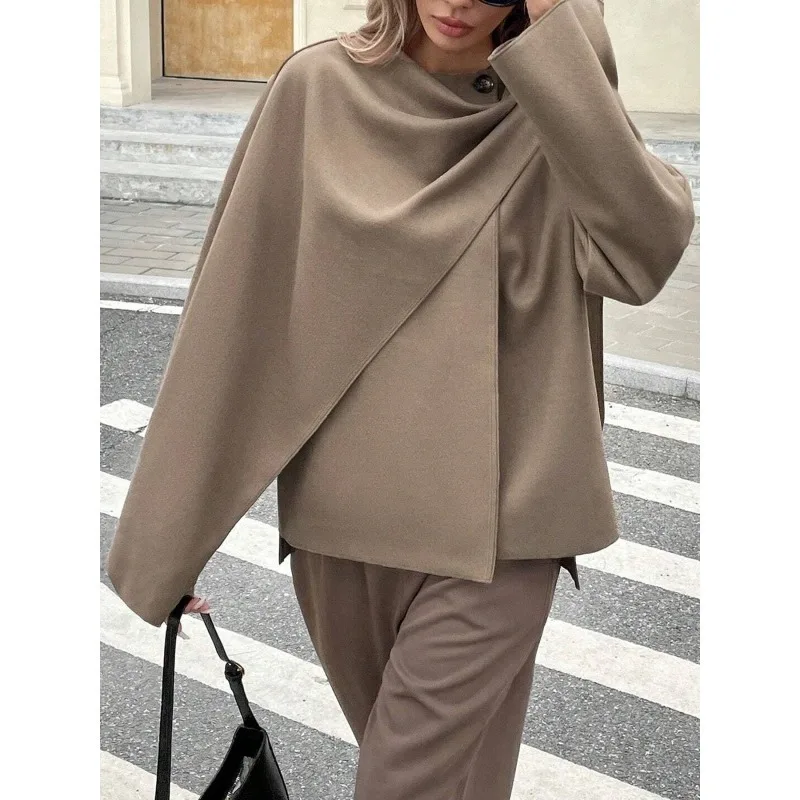 سترات نسائية بنية اللون معاطف خريف وشتاء غير منتظمة فضفاضة تناسب رقبة دائرية ملابس خارجية بأزرار حضرية غير رسمية ملابس نسائية 190985