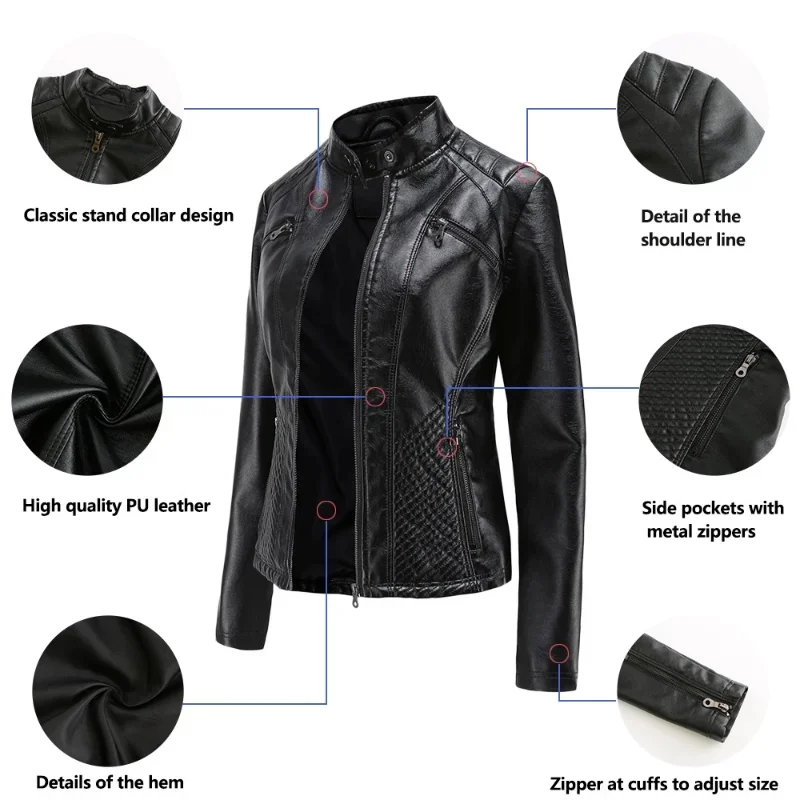 BTQWFD Women\'s Autumn Winter Jackets Female Clothing Coats 2024 New Ladies Leather Outwear Long Sleeve Motor Biker Tops Zipper