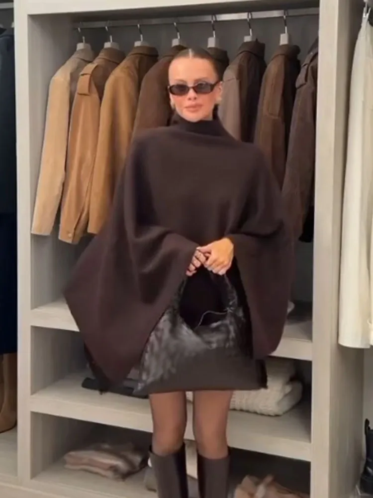 

HH Women's New Fashion Versatile Solid Stand Collar Knitted Cape Coat Female Casual High Street Asymmetric 3-Colors Jacket Mujer