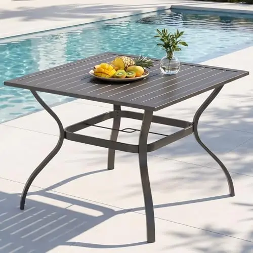 Patio Table w/Umbrella Hole, Black Metal Dining Table for 4 | 37
