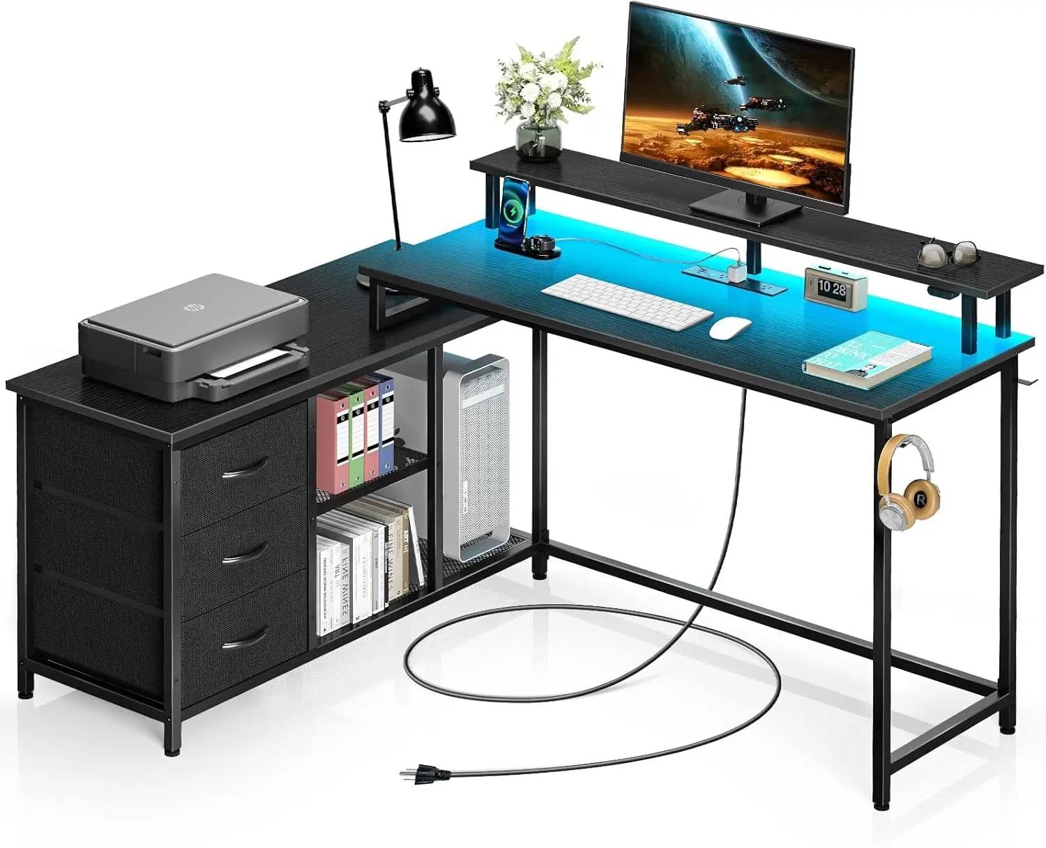 L Shaped Computer Desk with Drawers, Reversible Gaming Desk with LED Lights & Charging Port, Corner  Home Office Black