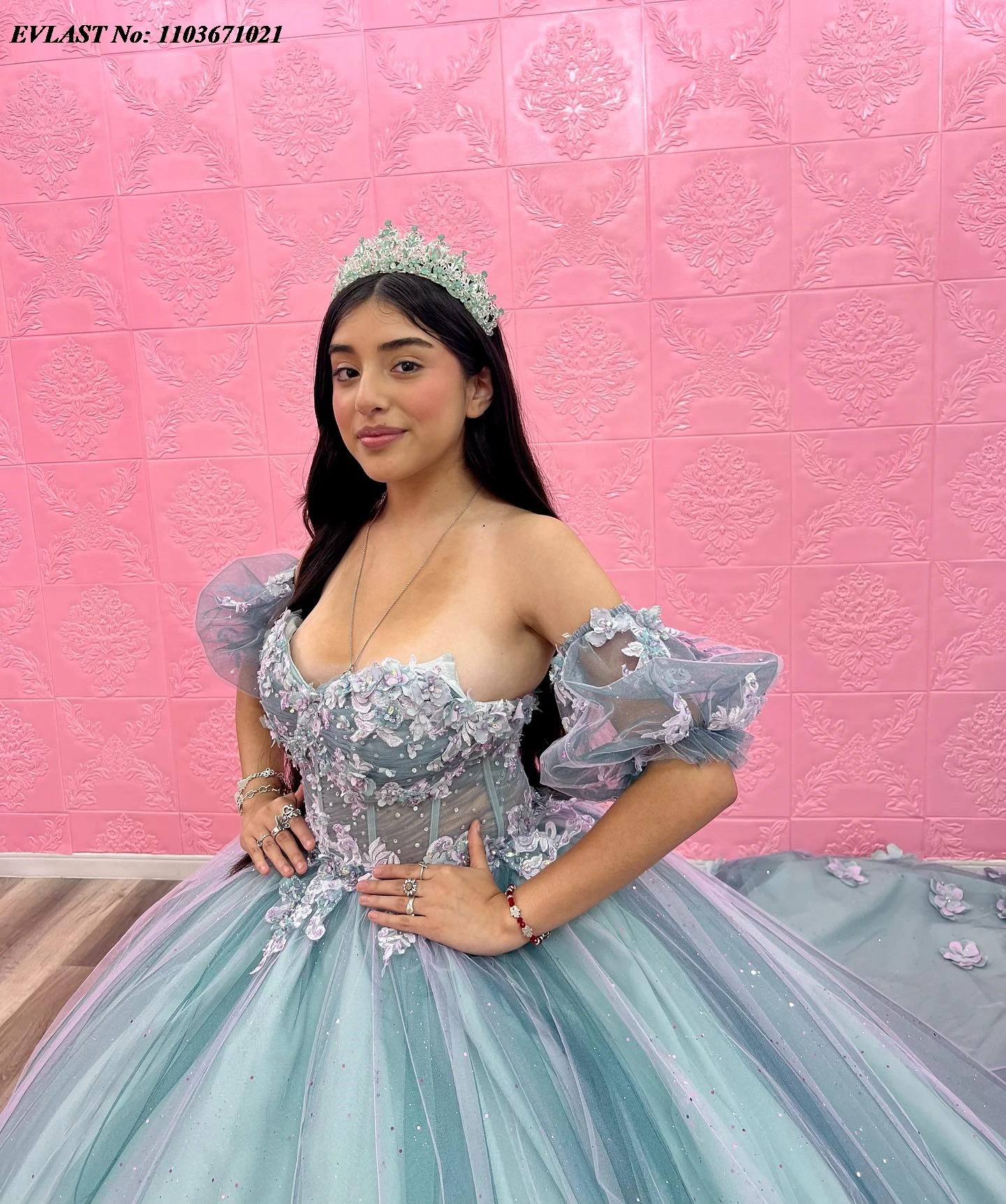 Evlast Mexican Mint Groene Quinceanera Jurk Baljurk 3d Gebloemde Kanten Kralen Korset Sweet 16 Vestidos De Anos Sq359