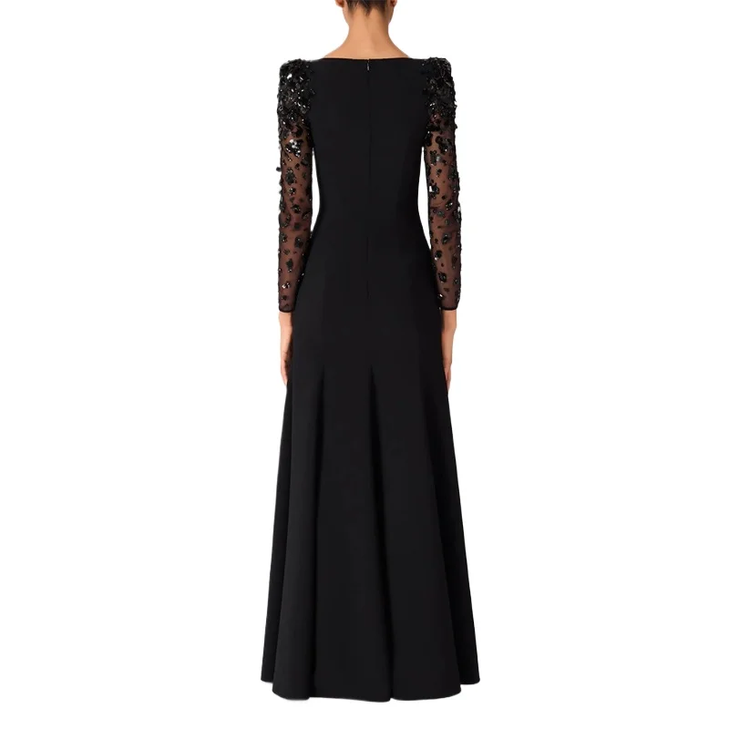 أحدث صيحات الموضة الفاخرة والرائعة شبكة الترتر الخرزة المطرزة بأكمام طويلة الرقبة المستديرة سليم صالح الخصر Cinched مساء اللباس