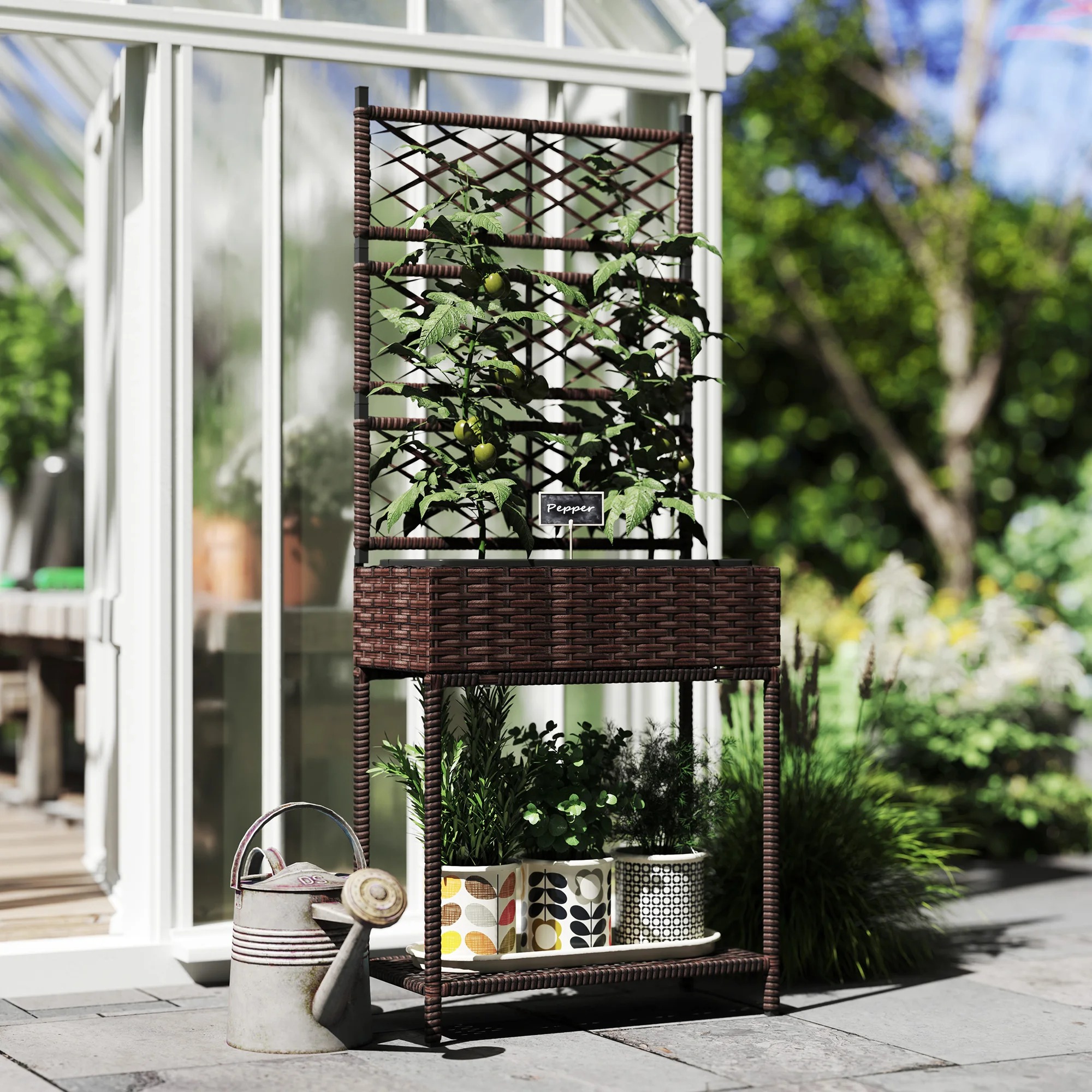 Rattan Raised Planter Box with Trellis and Storage Shelf, Brown