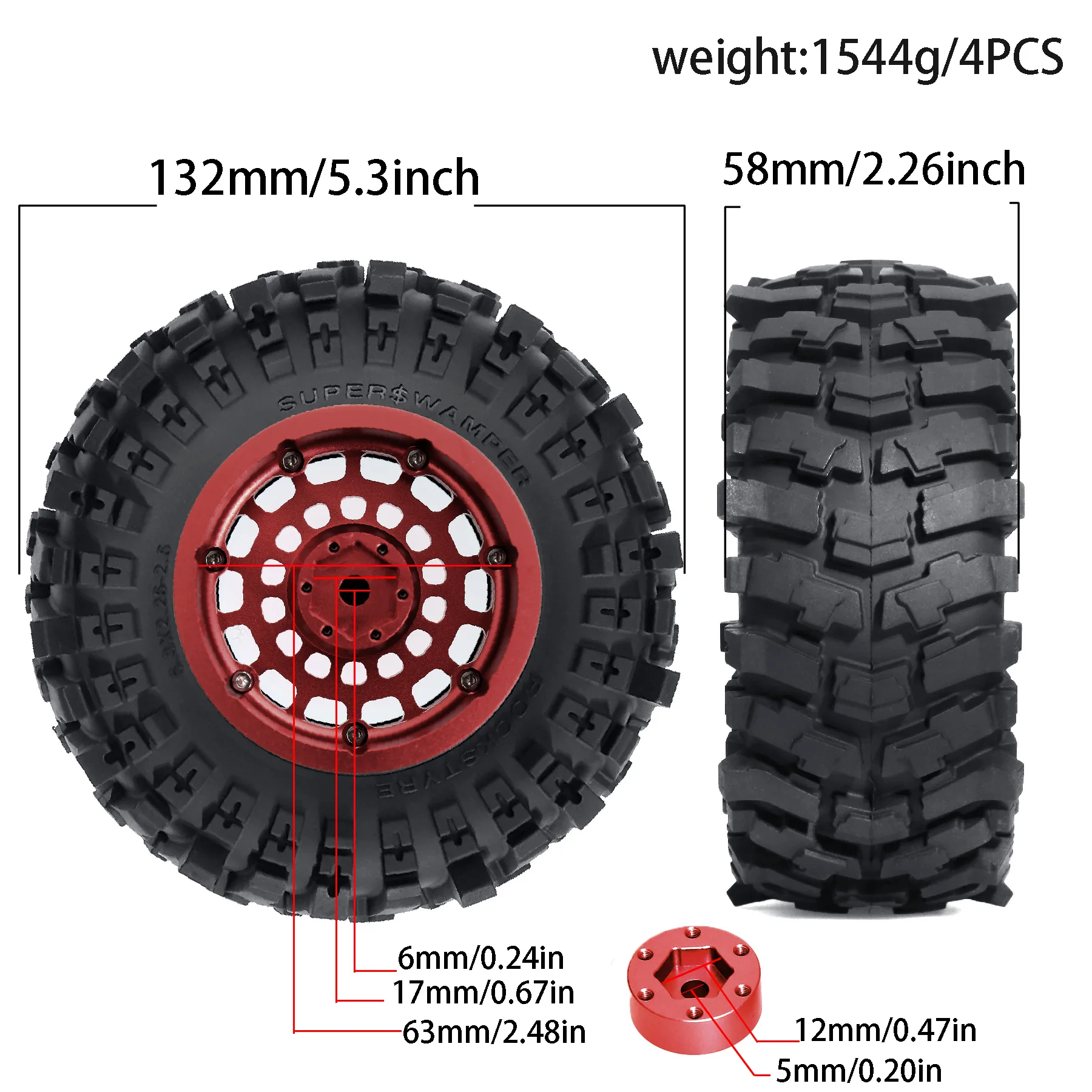 2.6in RC Crawler Wheels and Tires Set  Red Aluminum Beadlock