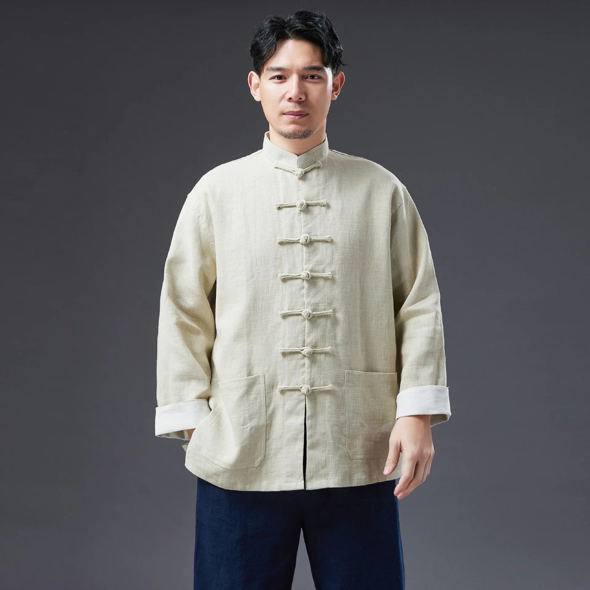 Tang Suit for Men Chinese Traditional Jacket Autumn Casual Linen Full Sleeve Shirt Tops Pure Color Hanfu Kungfu Uniform Outfits