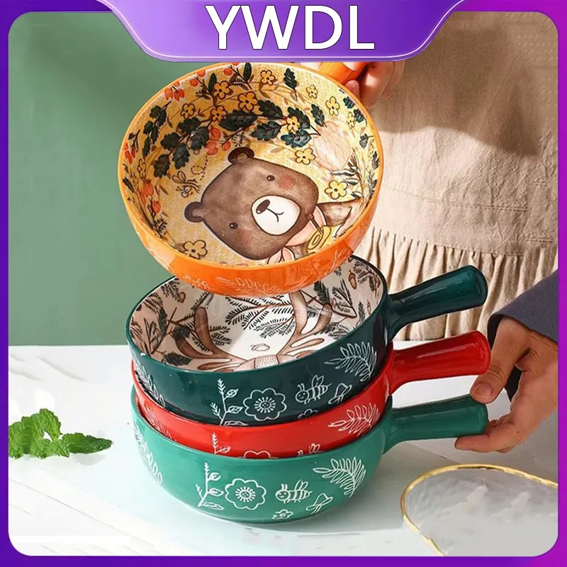 YWDL Ceramic Bakeware With Handle Forest Animals Baking Pan  Underglaze  Kitchen Tableware Salad Bowl Au Gratin Dishes
