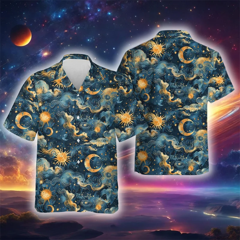 Abstract Stars Moon Graphic Aloha Shirt Men Women Space Planet 3D Printed Blouse Harajuku Short Sleeve Lapel Hawaiian Shirts