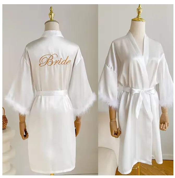 Witte Bruid Bruiloft Gewaad met Veren Vrouwen Satijnen Peignoir Sexy Bruidsmeisjes Kimono Toga Korte Badjas Bruids Intieme Lingerie