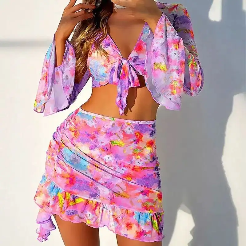 2025 New 4 Piece Bikini Set Women  Floral Print Long Sleeve Mesh Cover Up Ruffle Skirt Swimsuit  Sexy Bathing Suit Swimwear