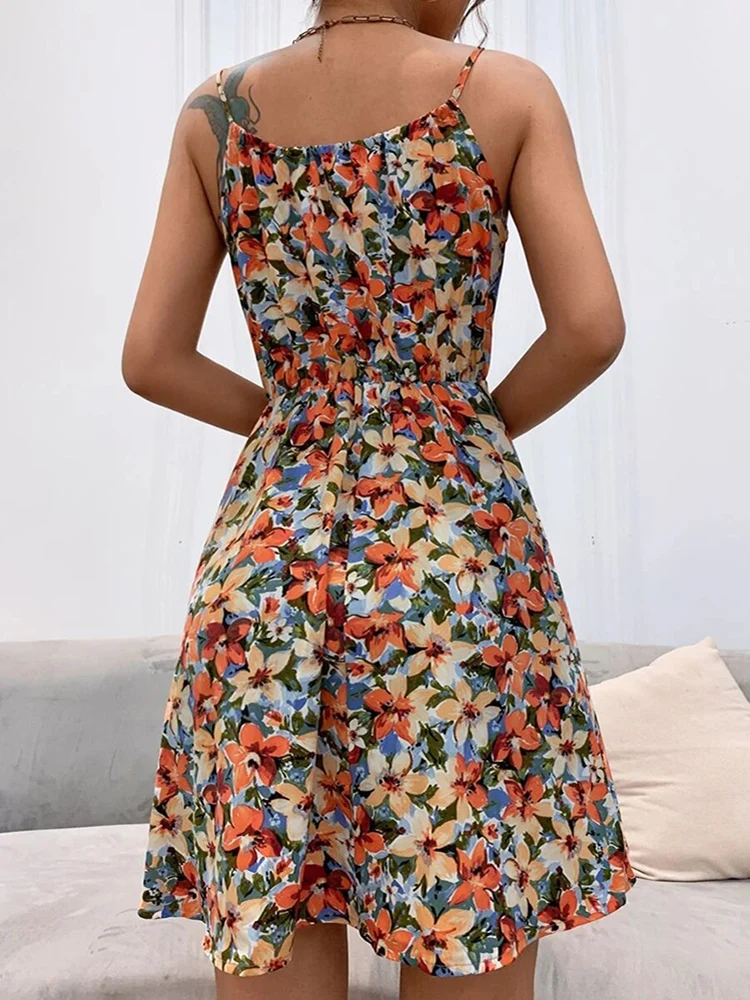 Sexy Floral Print Short Dress Women Summer Fashion Black Backless Beach Sundress Casual Sleeveless Lace-up New In Dresses 2024 image 4