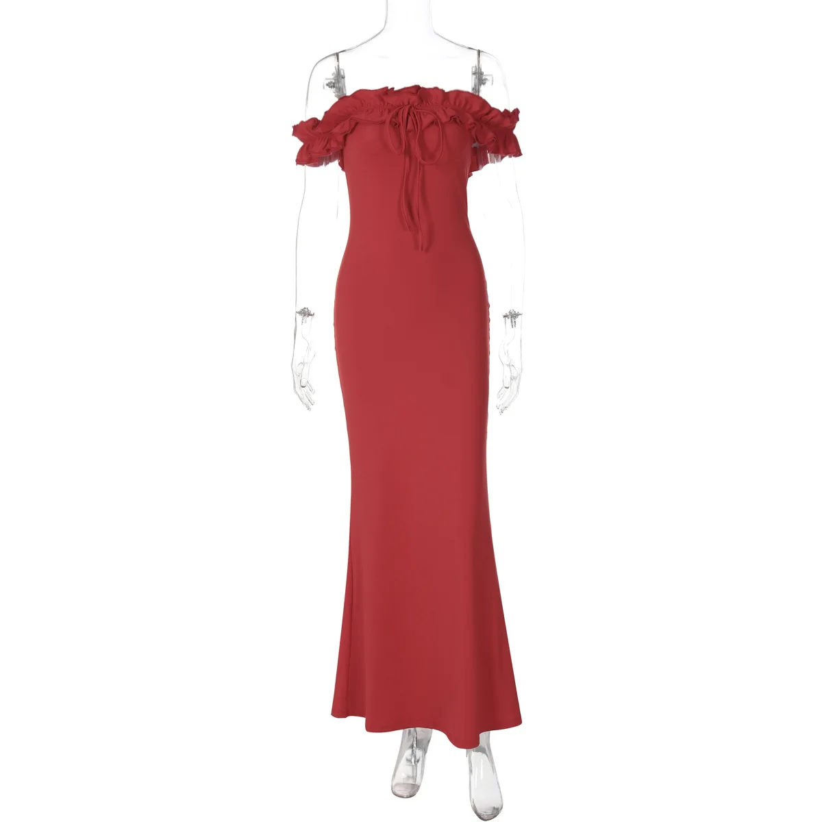 Dsmtrc vermelho sólido retalhos fora do ombro sexy maxi vestido feminino moda sem alças sem mangas sem costas bodycon vestidos longos