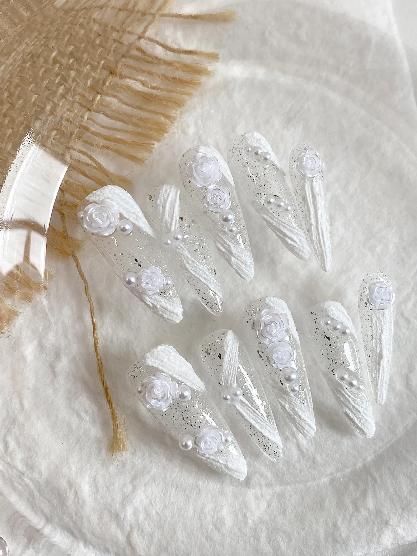 Elegant White Rose Press On Nails, Long Stiletto False Nails with Pearls, Lace Texture & Silver Glitter