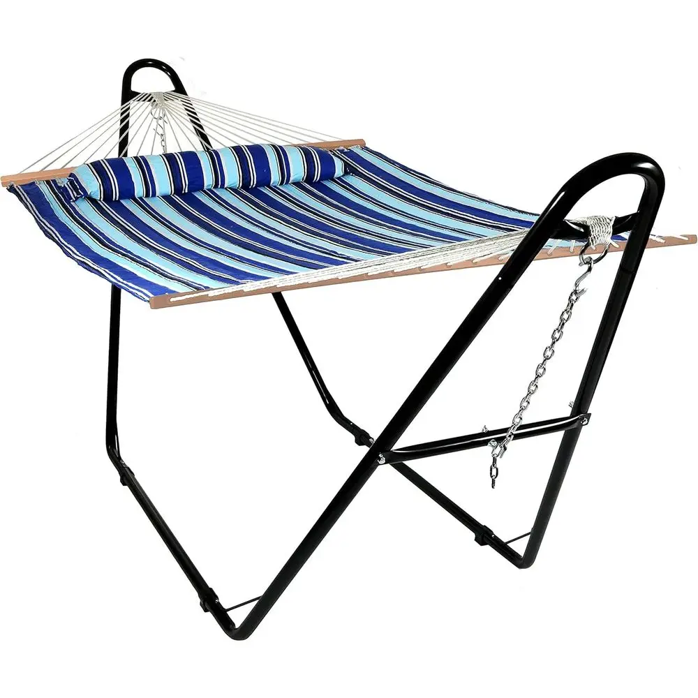 Quilted Double Hammock with Stand or Outside - 440 lb acity Unil Black Steel Stand - UV Resistant, Quick Dry abric - Pillow, Cha