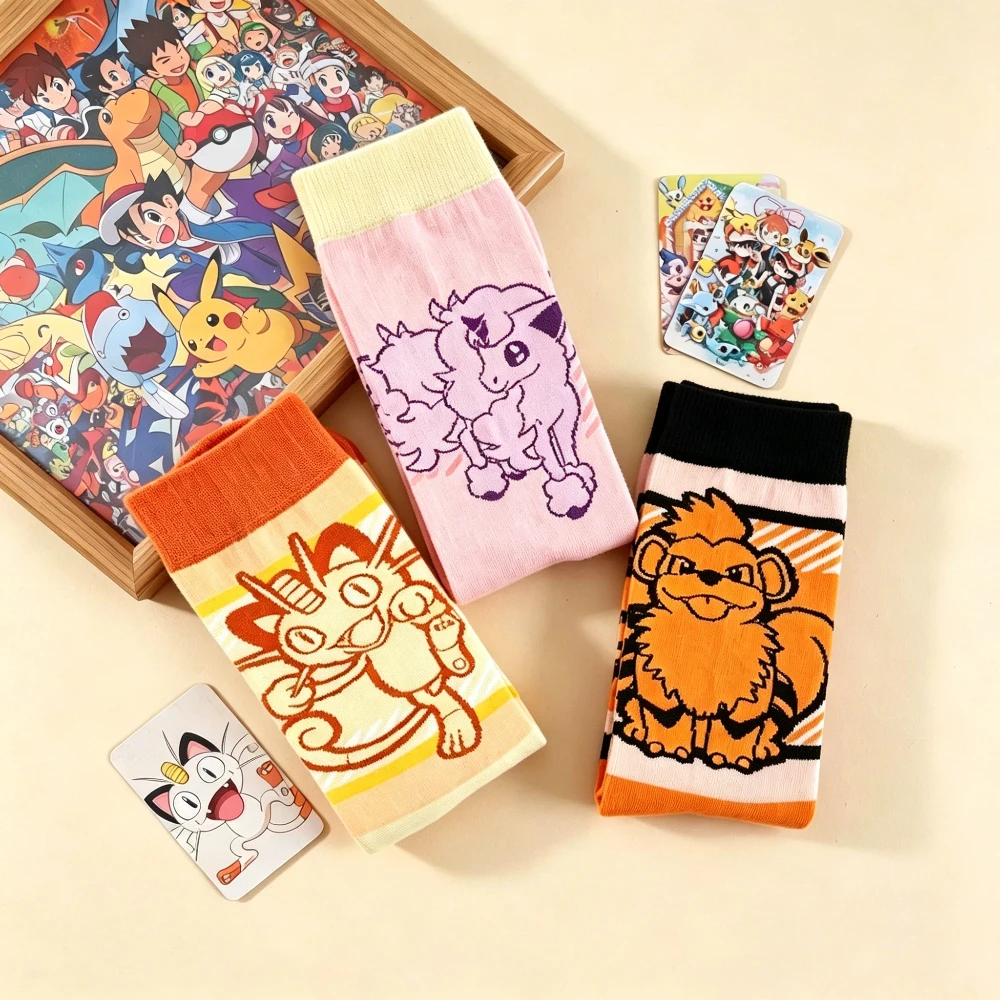 3 Pairs of Cute Pok é Mon Women's Socks With Anime Character Prints Cotton Round Neck Socks for Casual and Breathable Daily Wear