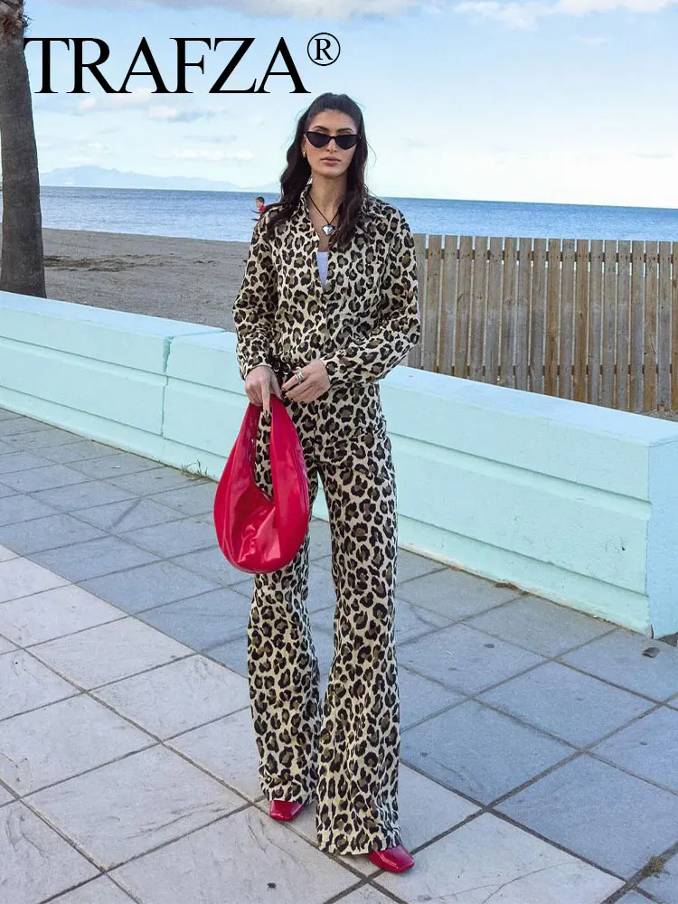 TRAFZA 2024 primavera nuova donna Leopard Print set maniche lunghe bottoni con risvolto camicia + vita alta Chic donna pantalone lungo Streetwear