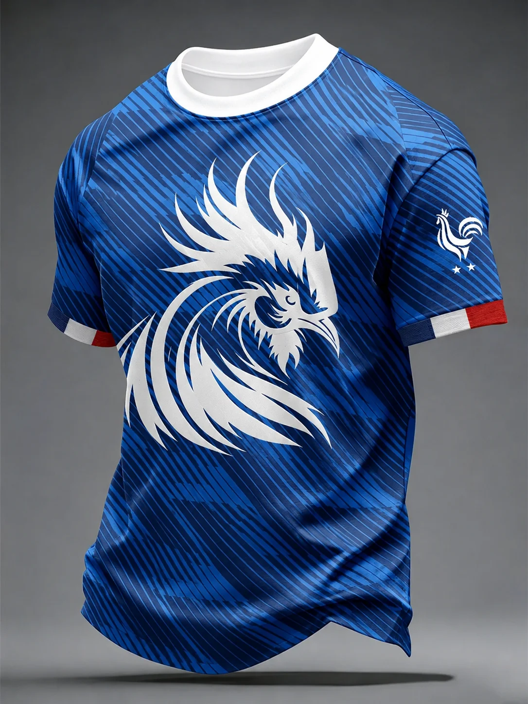 Men Les Bleus Soccer T-Shirt Large Blue Rooster Graphic French Flag Stripe Color Block Football Fan Short Sleeve Tee view 2
