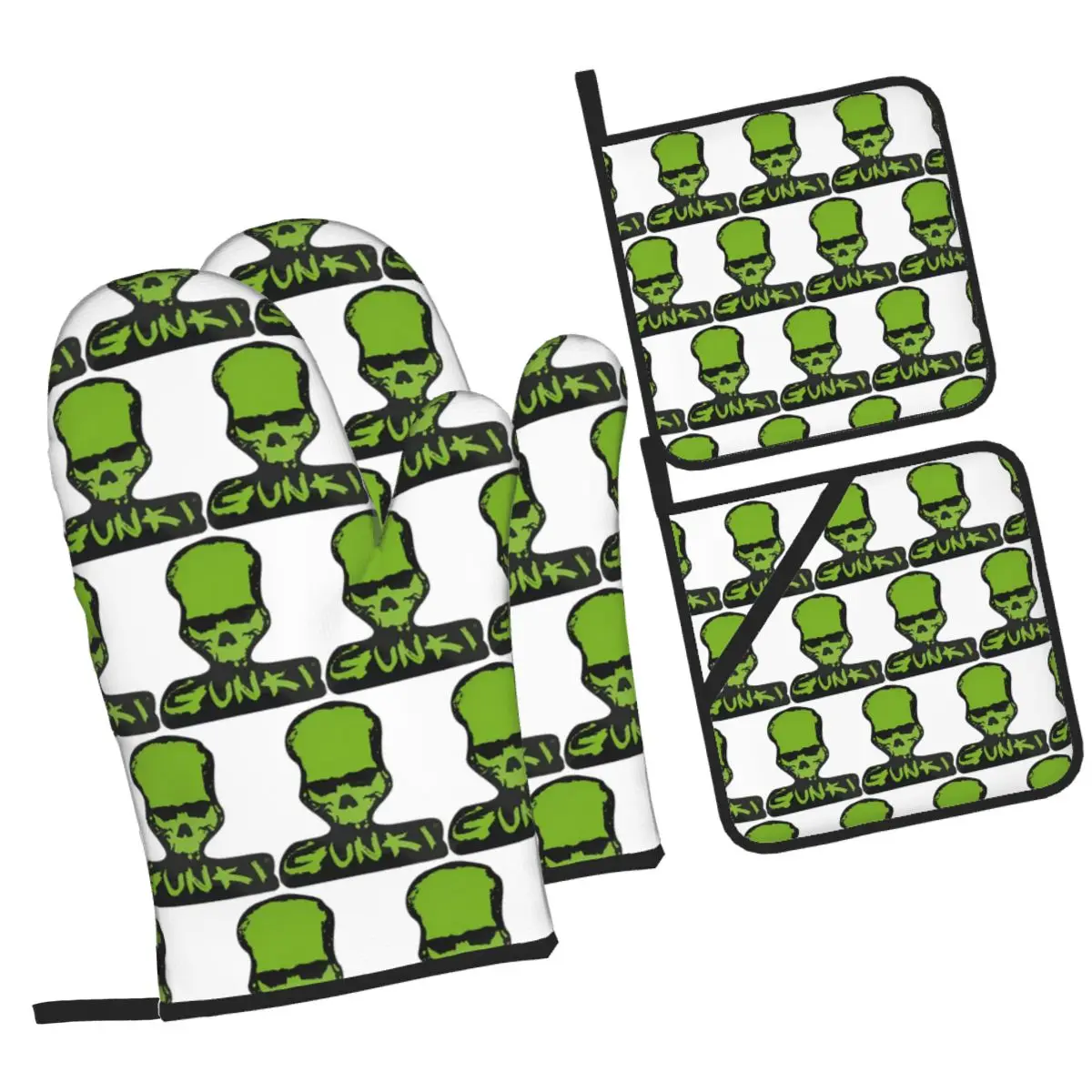 Gunki Logo Angling Skull Fishing Gunki Oven Mitts and Pot Holder Sets of 4 for Baking Cooking BBQ Resistant Non-Slip Gloves