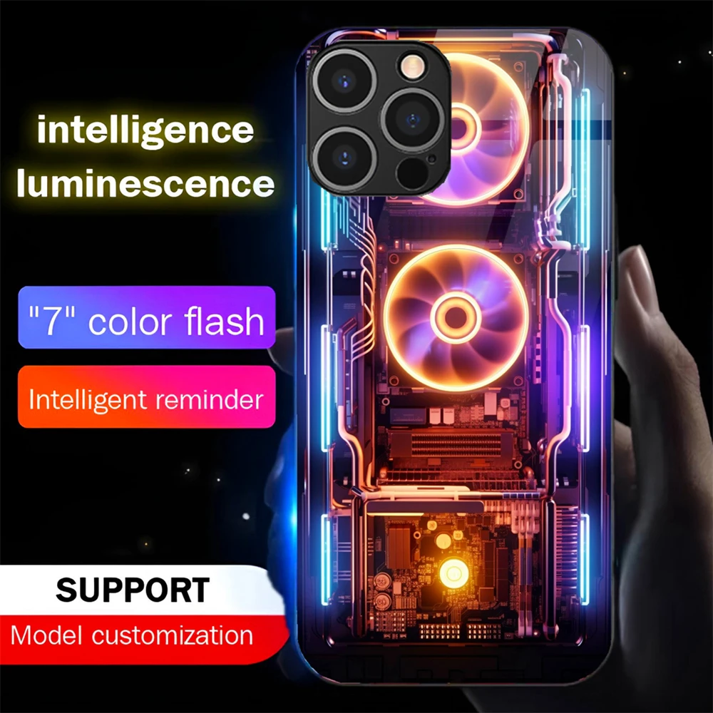 

Cyber CPU Fan Design Voice Sensing LED Light Up Glowing Luminous Phone Case For iPhone 16 E 15 14 13 12 11 Pro Max X XR XS 7 8