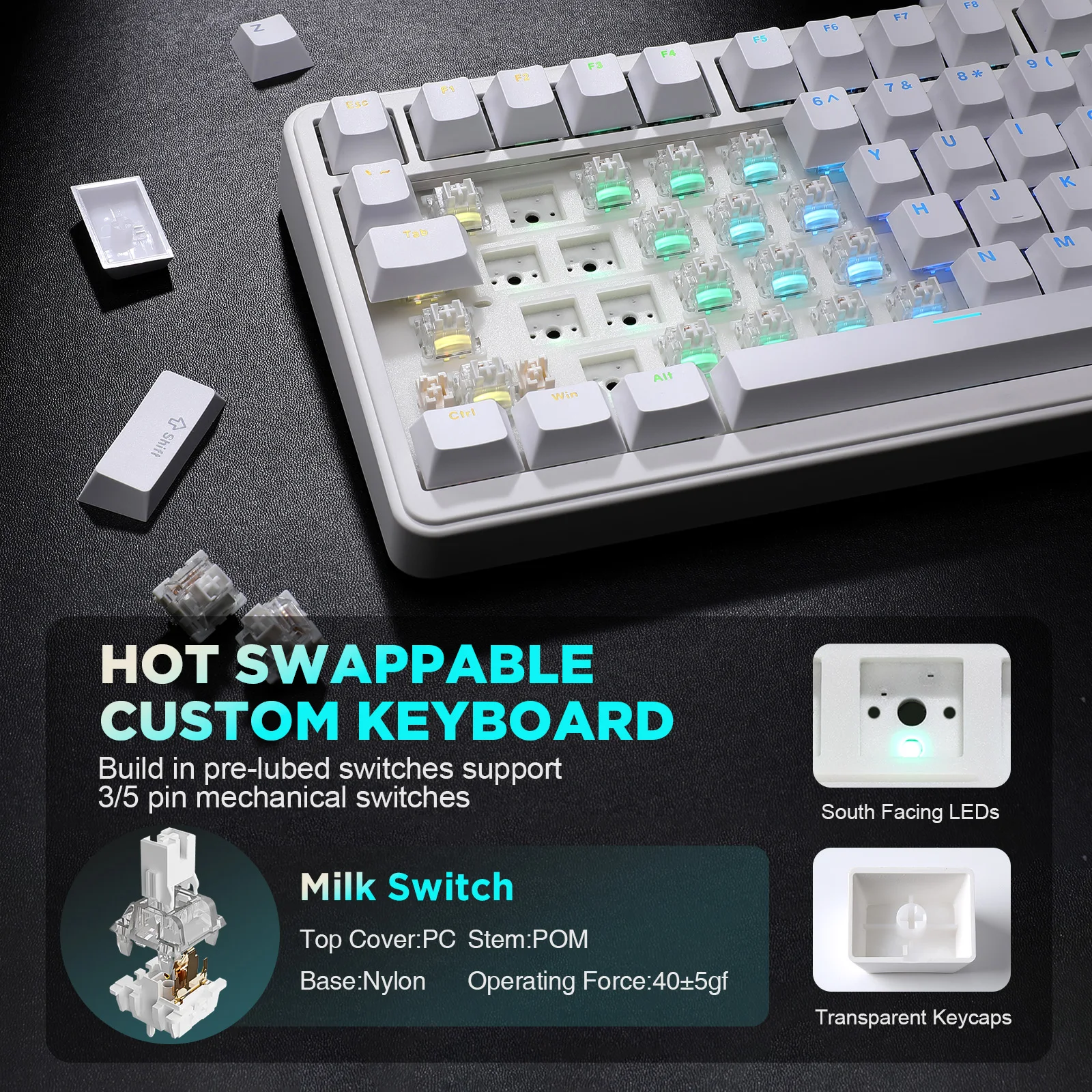 Imagem -04 - Yunzii-branco Rgb Teclado Mecânico para Jogos com Botão B75 Hot Swappable Junta Backlight Fit para Win Mac B75