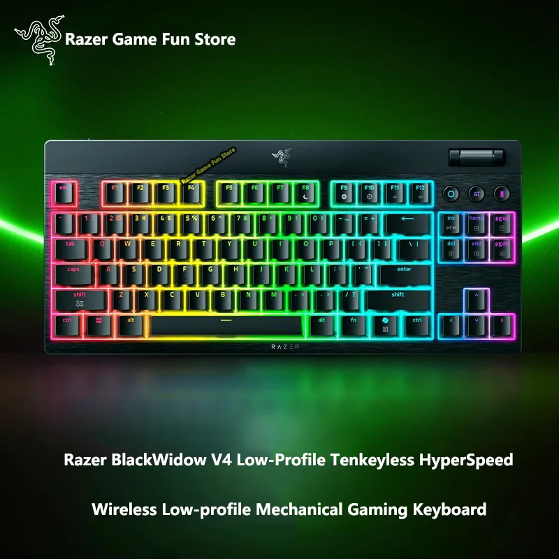 

Оригинальная низкопрофильная беспроводная игровая клавиатура Razer BlackWidow V4 Tenkeyless HyperSpeed, многофункциональный ролик -3 кнопки управления