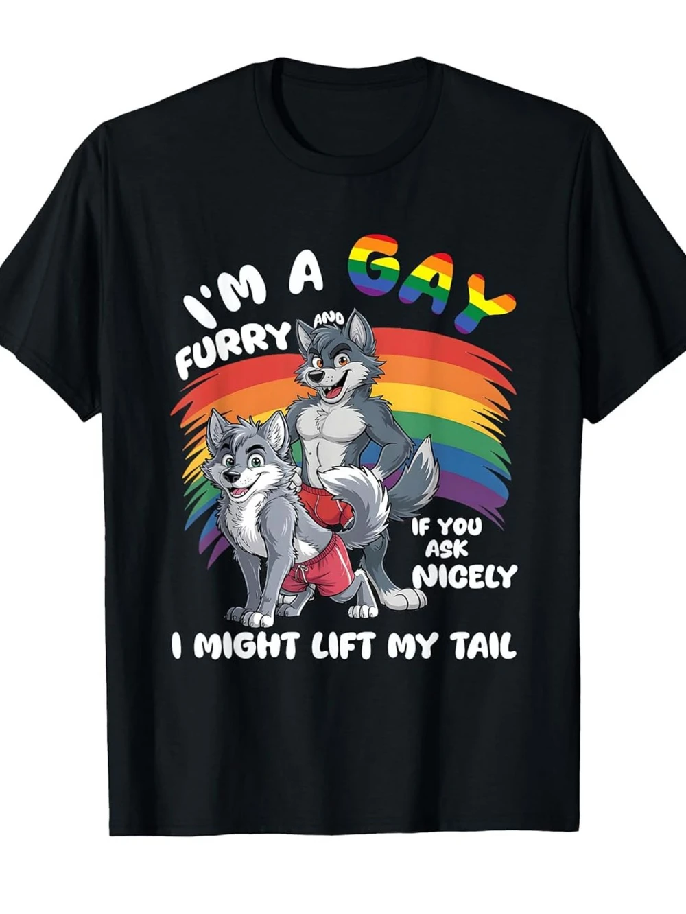 Diversão masculina gay peludo mês do orgulho camiseta arco-íris raposa e cão padrão eu sou gay peludo slogan confortável tripulação pescoço manga curta