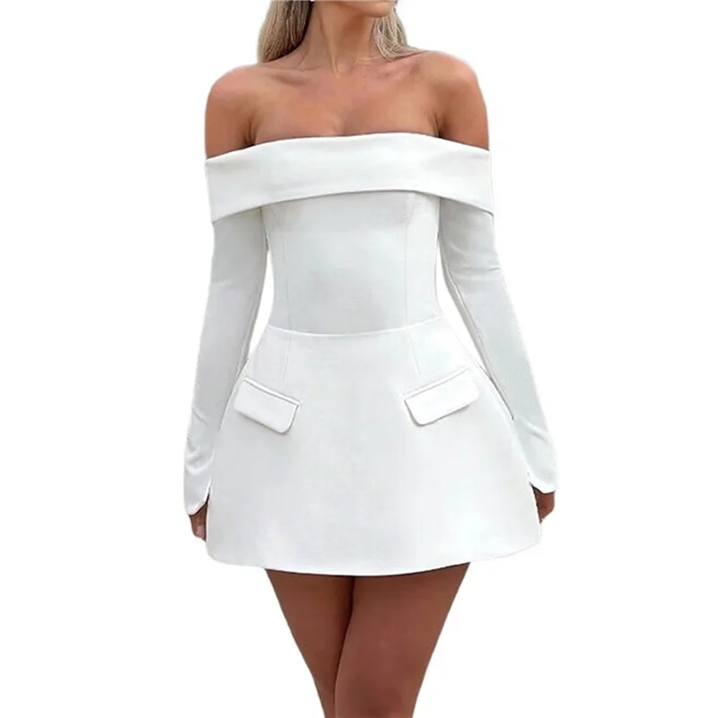 NEU-Damen Minikleid, schulterfrei, langärmelig, A-Linien-Kleid, kurze formelle Kleider, Party, Clubwear