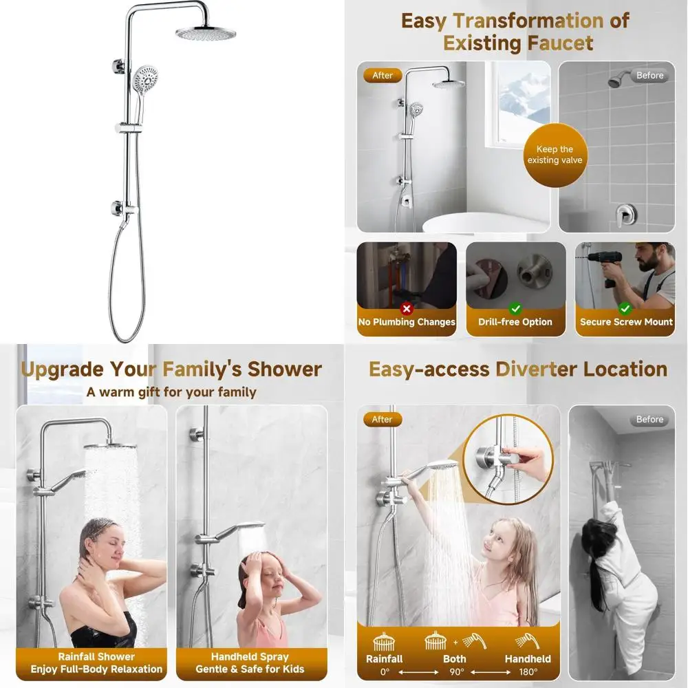 Adjustable Height Rain Shower System with 9 Inch Shower Head and Handheld Shower for Luxury Bath Experience