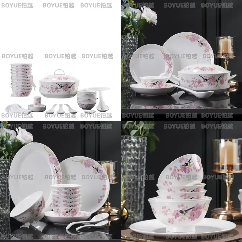 56 Piece Hand Painted Red Plum Ceramic Dinnerware Set Jingdezhen Porcelain Plates Bowls Microwave Safe Chinese Style