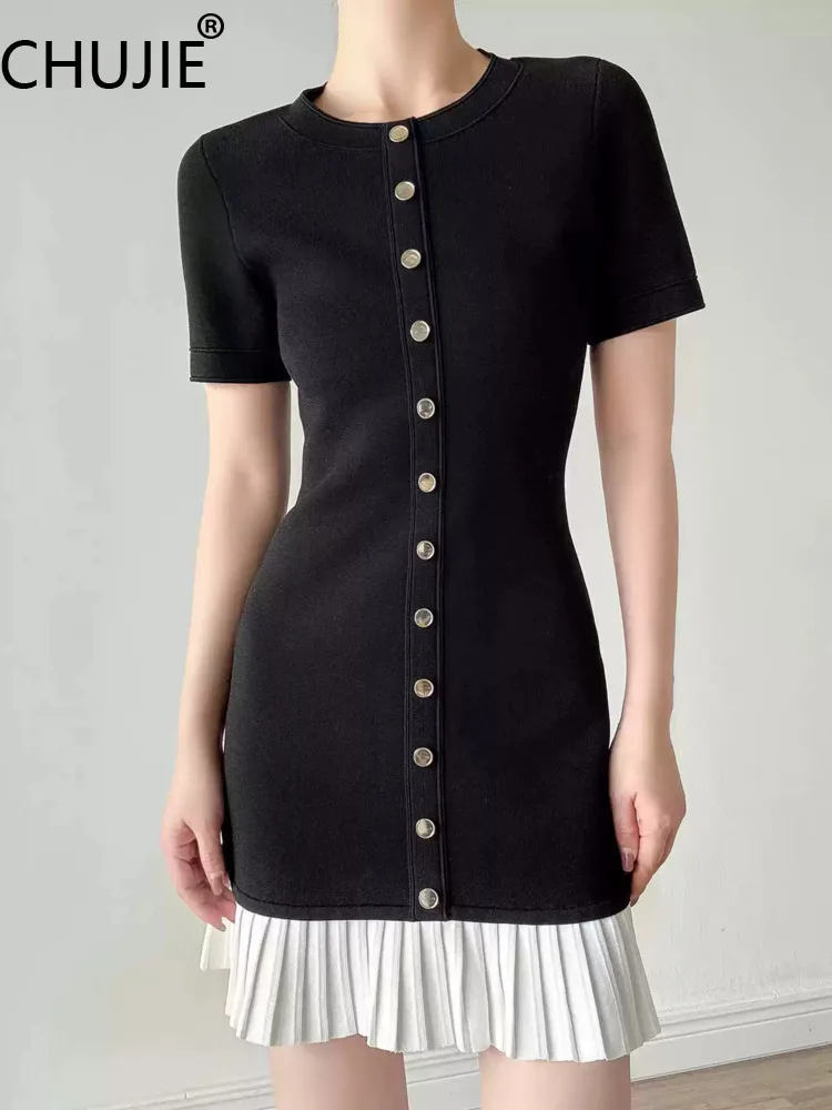 

CHUJIE Spliced Knit Dress Round Neck Single Breasted Slim Fit Bodycon Short Sleeve Dress SS25