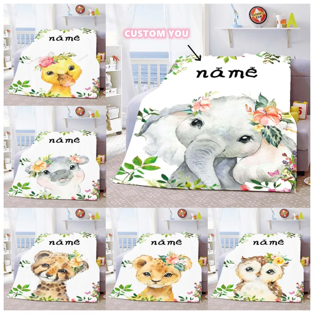 

Custom Blanket Custom Name Blanket Baby Girl Boy Kids Cartoon Animal Cute Soft Flannel Throw Blankets Personalized Blanket Gifts