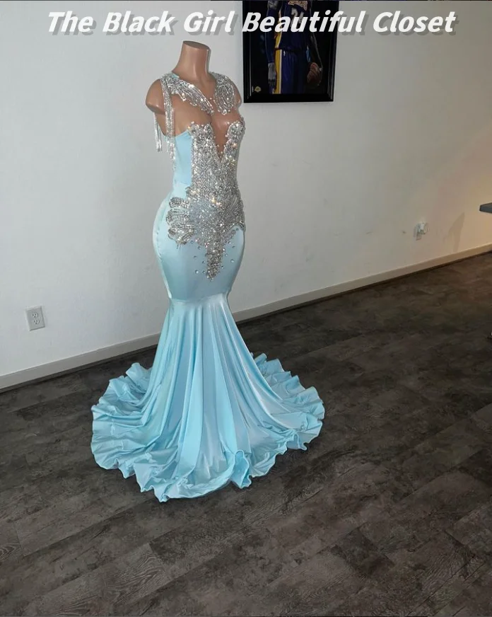 Sky Blue Exquisite Cocktail Dresses Sparkling Rhinestone Beaded Sequins Prom Gowns Black Girls O Neck Fringe Fishtail Dresses