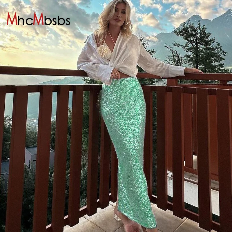 Sexy Sequined Slim Fit Maxi Skirt Women High Waist Glitter Night Prom Long Skirts 2023 Summer Casual Fairy Grunge Clothes