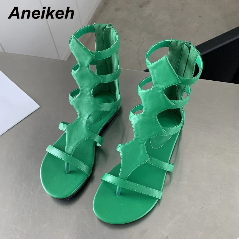 Aneikeh Women\'s Shoes 2024 New Rome Fashion Thong Solid Flat with Sewing Leisure Sandal Striped Ankle-Wrap Hollow out Classics