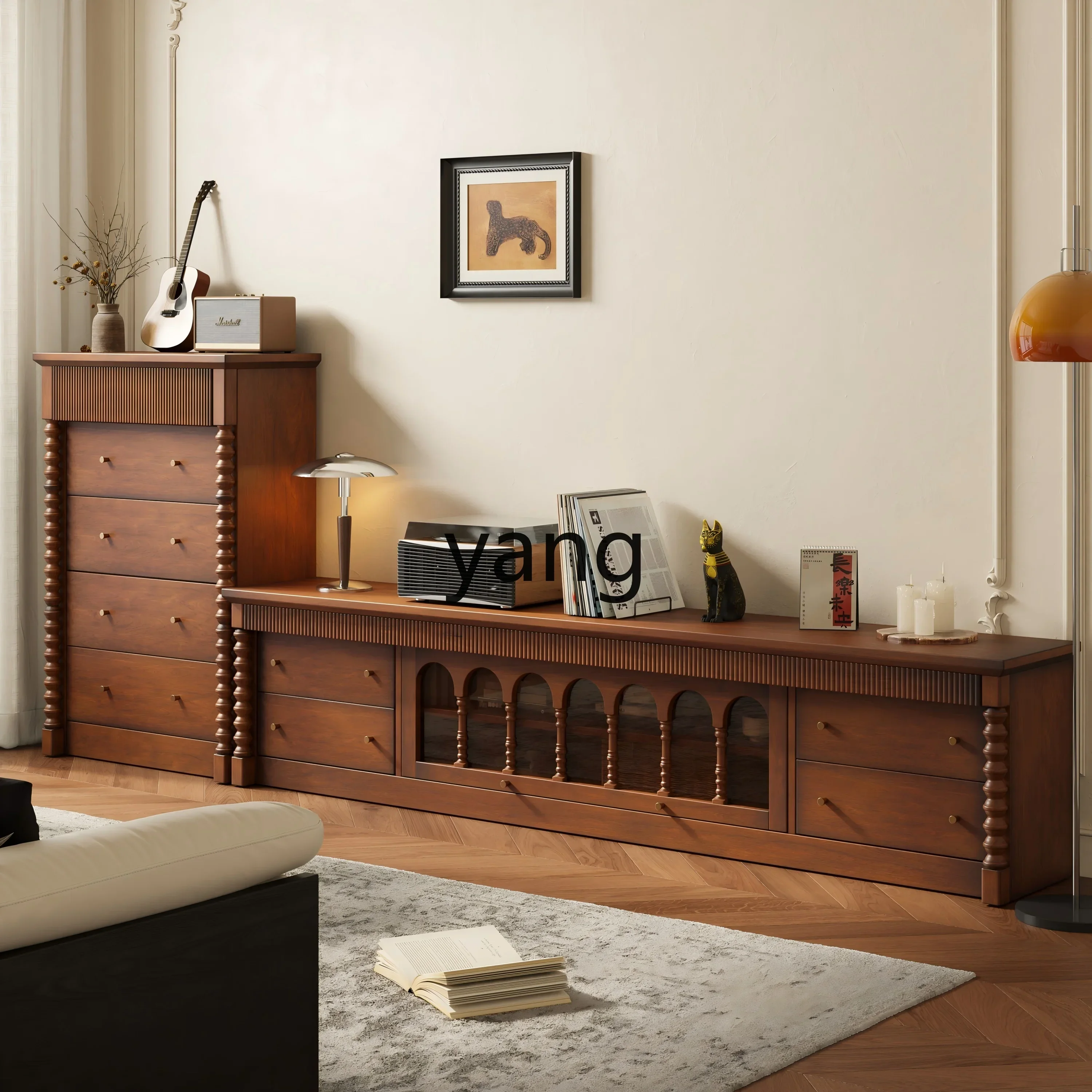 LTT French retro solid wood TV cabinet European large apartment living room audio-visual floor cabinet combination