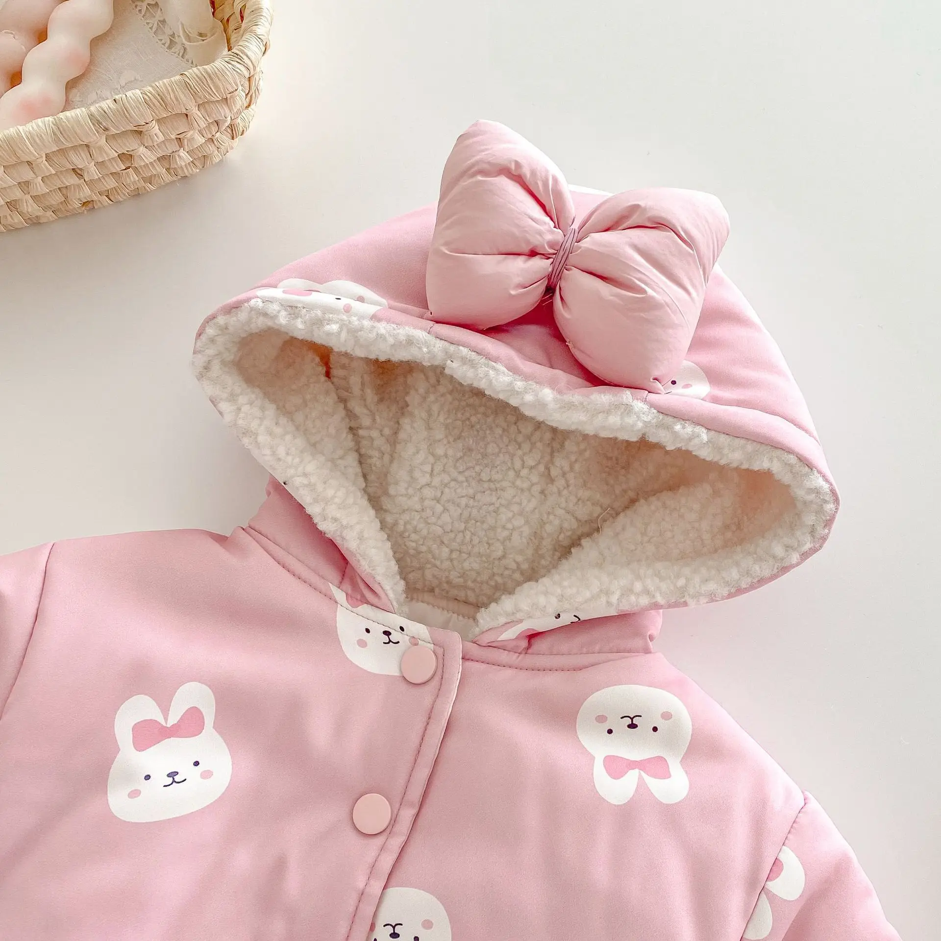 2024 Winter New in Kids Baby Girls Thicken Plush Warm Outwear ,toddler Children Cute Cartoon Bunny Hooded Top Jacket 0-5Y