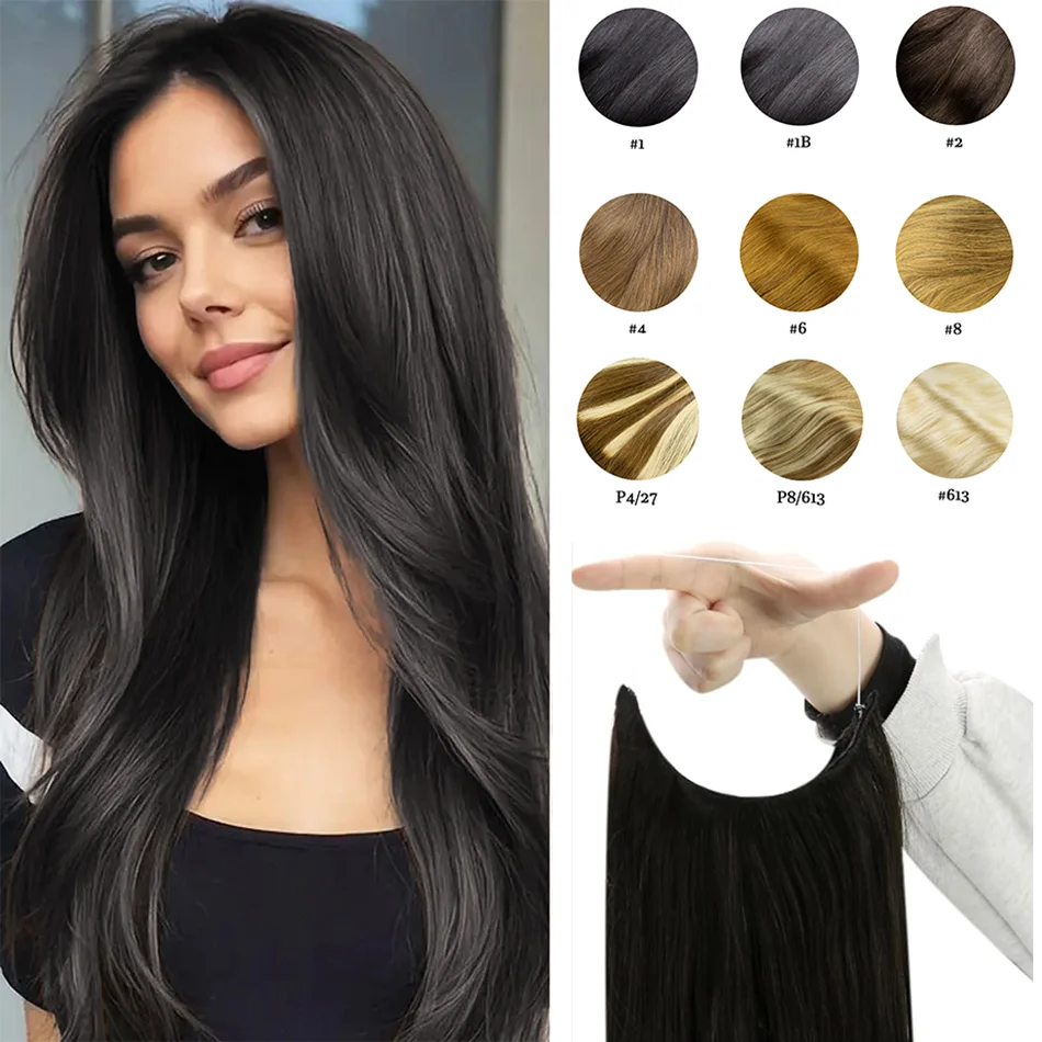 Straight Fish Line Human Hair Extensions One Piece Clip In Hair Extension Human Hair Invisible Fishing Line Wire With 3 Clips