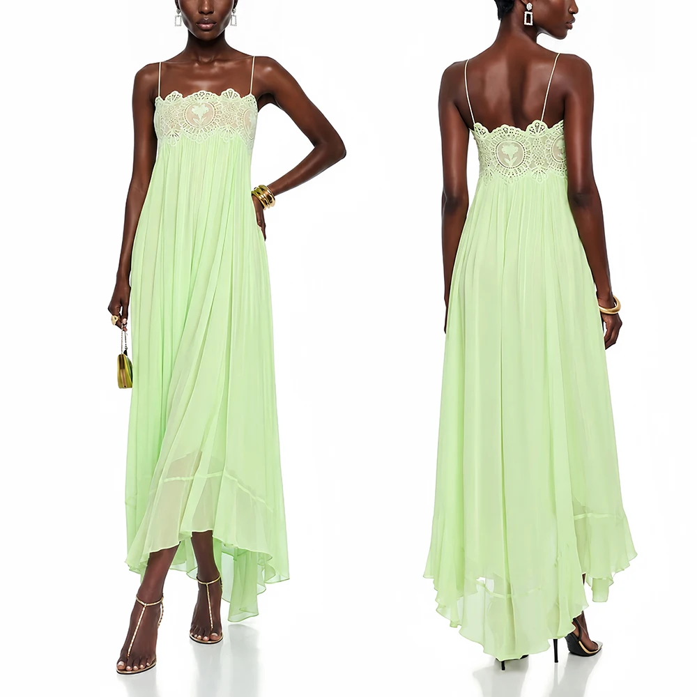 Fashionable Elegant Mint Green Lace Patchwork Spaghetti Strap Flowy Chiffon Maxi Dress for Birthday Party Casual Outing