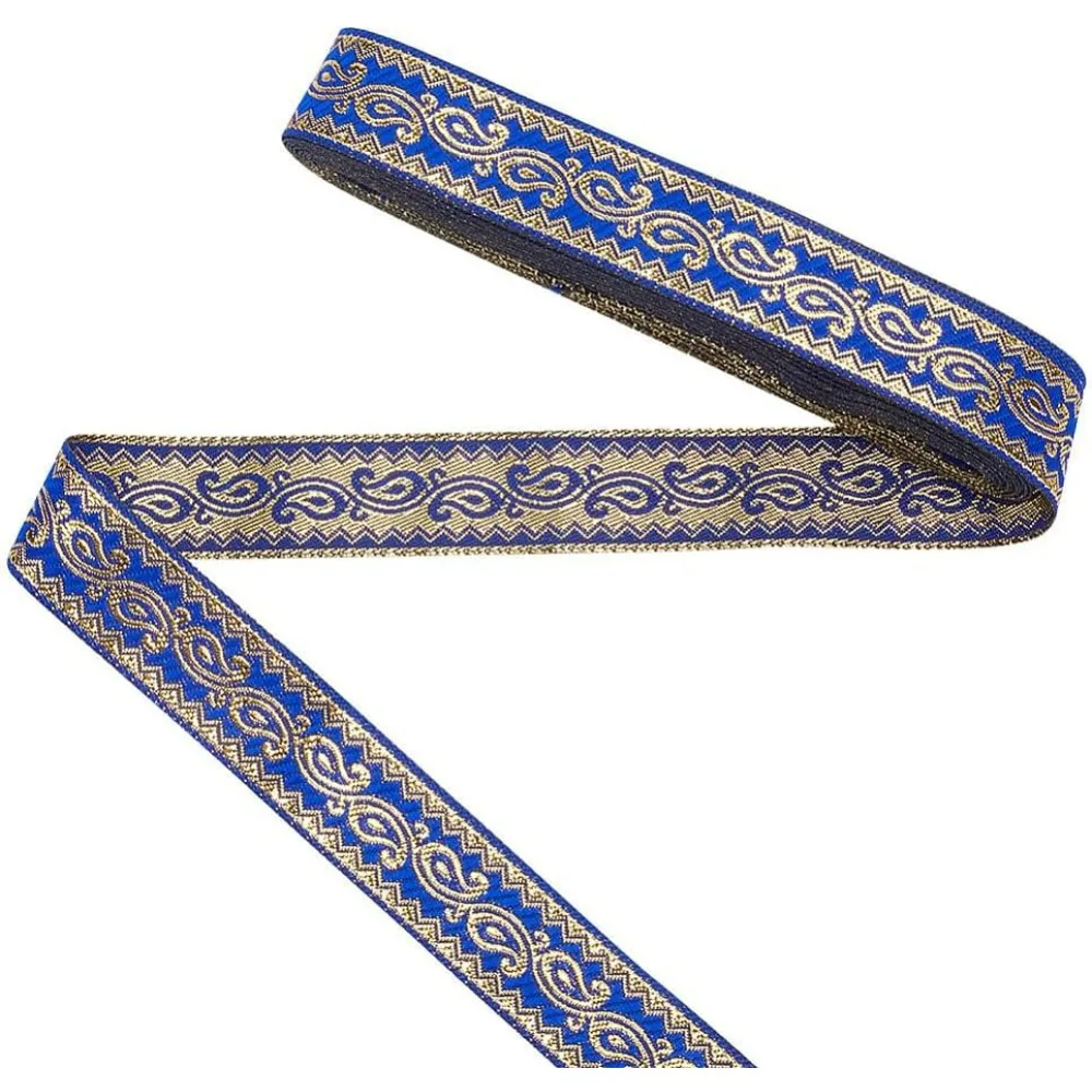 7.65 Yards Paisley Jacquard Ribbon 0.78inch Wide Blue Bottom Gold Jacquard Trim Ethnic Style Embroidery Polyester Ribbons Boho