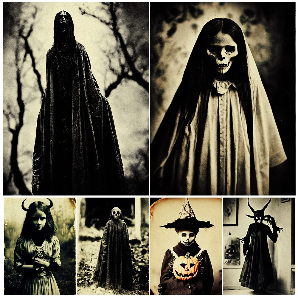 

Horned Devil And Skeleton Child Old Photo Wall Art Canvas Painting Creepy Photography Art Poster And Print Home Decor Unframed