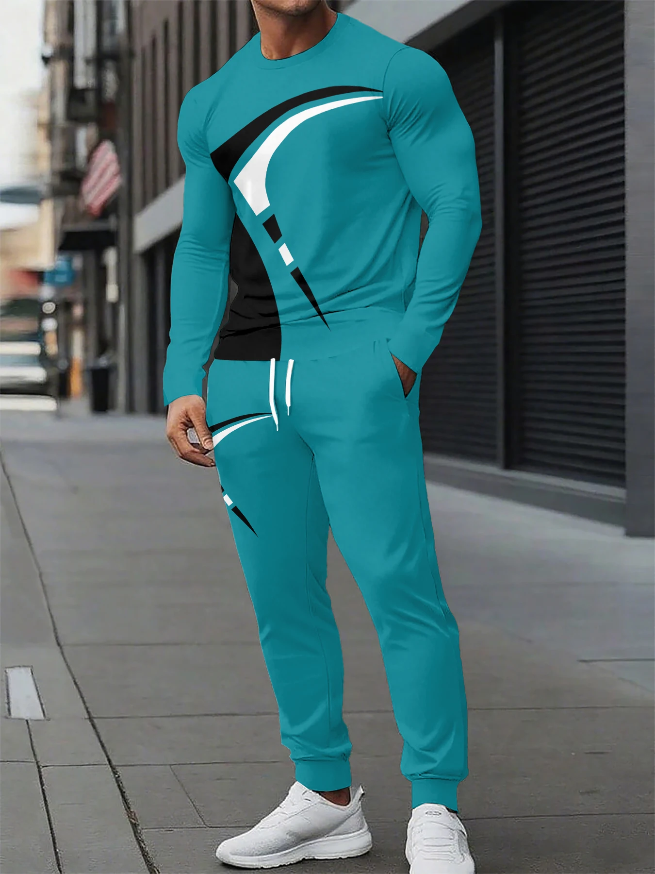 

Urban Street Fashion Trend Men's Long Sleeve Round Neck Set 2pcs Daily Casual Men's Round Neck Top Outdoor Casual Loose Long Sty