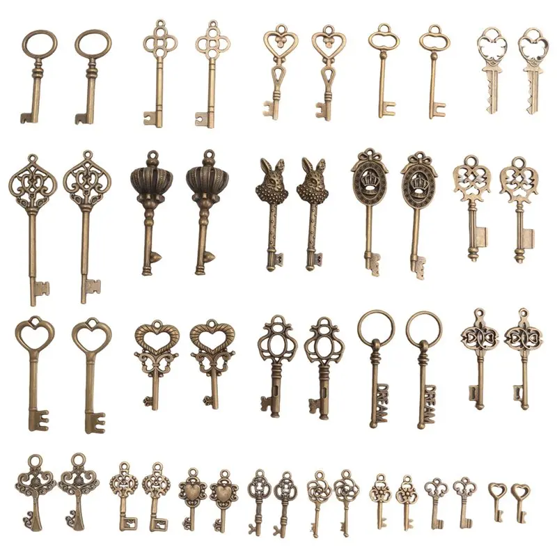 A69e46pcs/Set Mix Kit Old Looking Retro Antique Brass Bronze Decorative Vintage Key For Steampunk Charms Pendant Jewelry Easy To