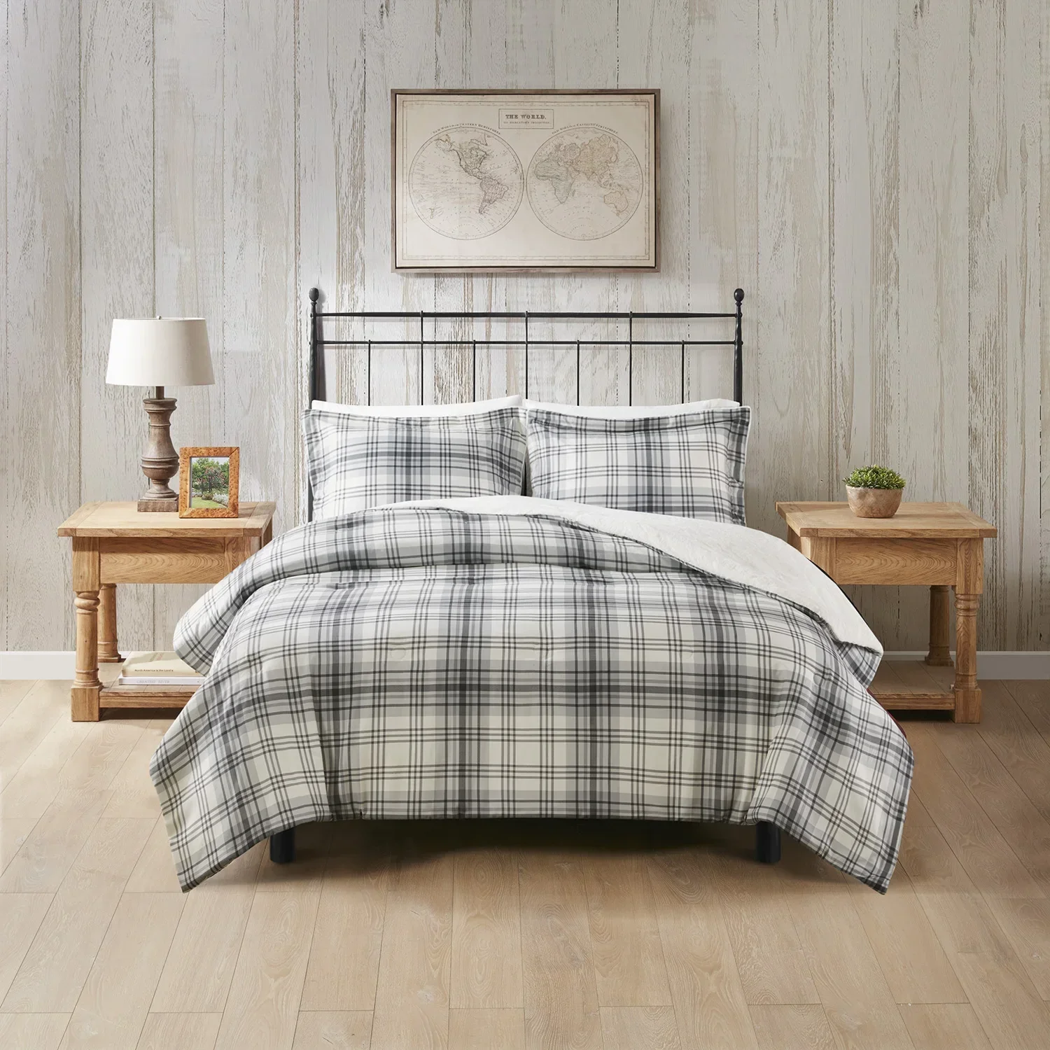 Grey plaid 3-piece comforter set for king size bed with matching shams and decorative pillow