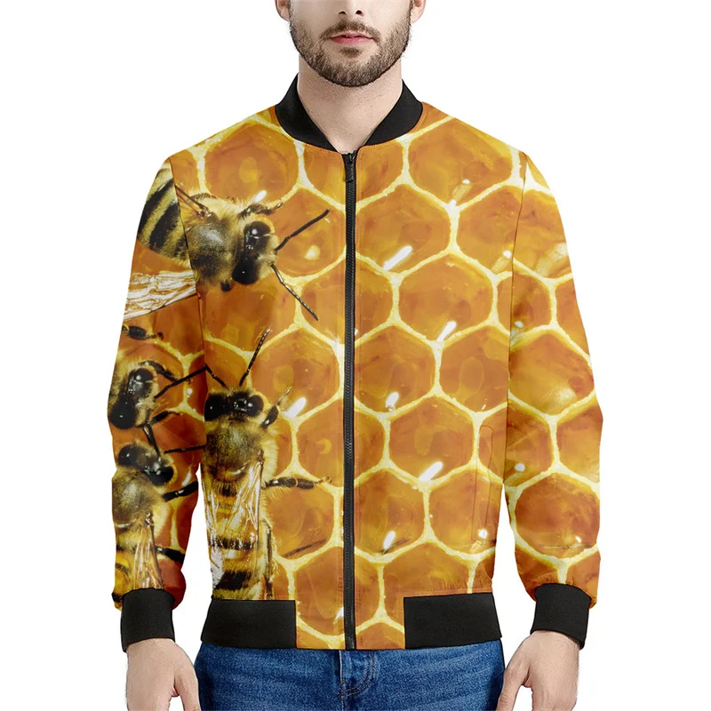 Fashion 3d Printed Bee Honeycomb Jacket For Men Oversized Sweatshirt Tops Spring Autumn Long Sleeves Kids Bomber Zipper Jackets