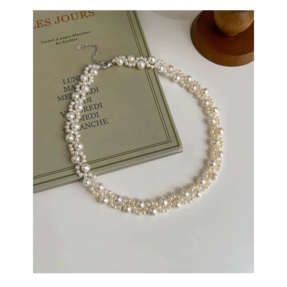 اليدوية لؤلؤ بحر الجنوب 925 الفضة زنبق قلادة الترقوة سلسلة خمر مزدوجة الطبقات شكل الأرز فتاة جميلة